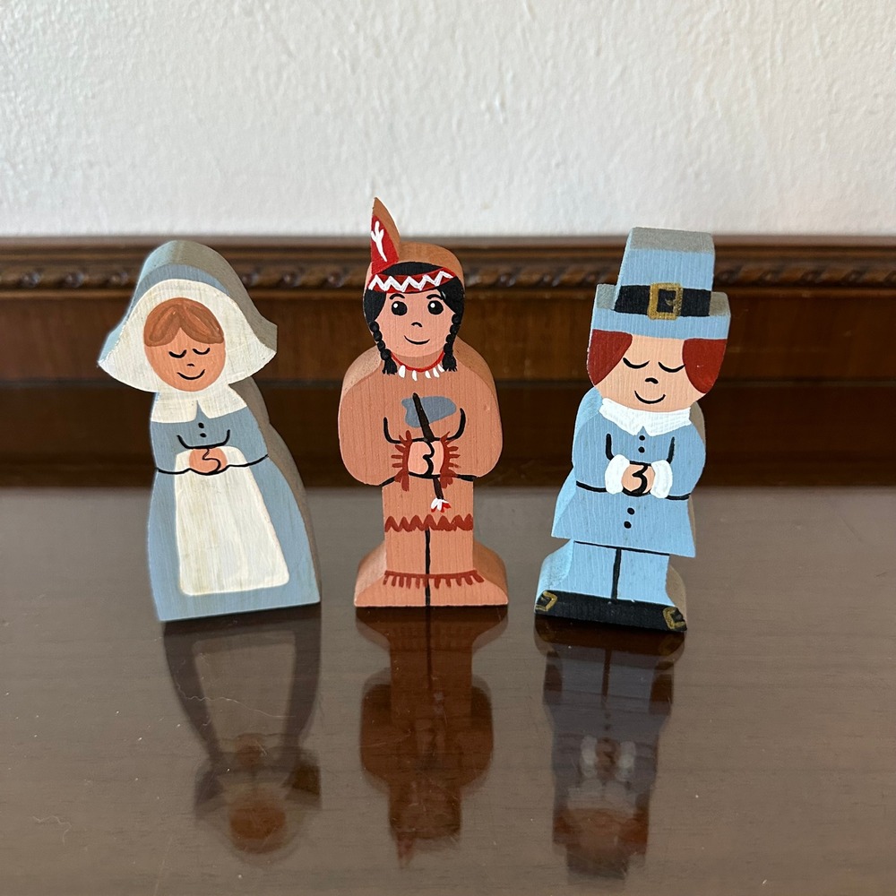 Vintage Mr. & Mrs. Woodmaker Thanksgiving Wooden Figurines Set of 3 Folk Art